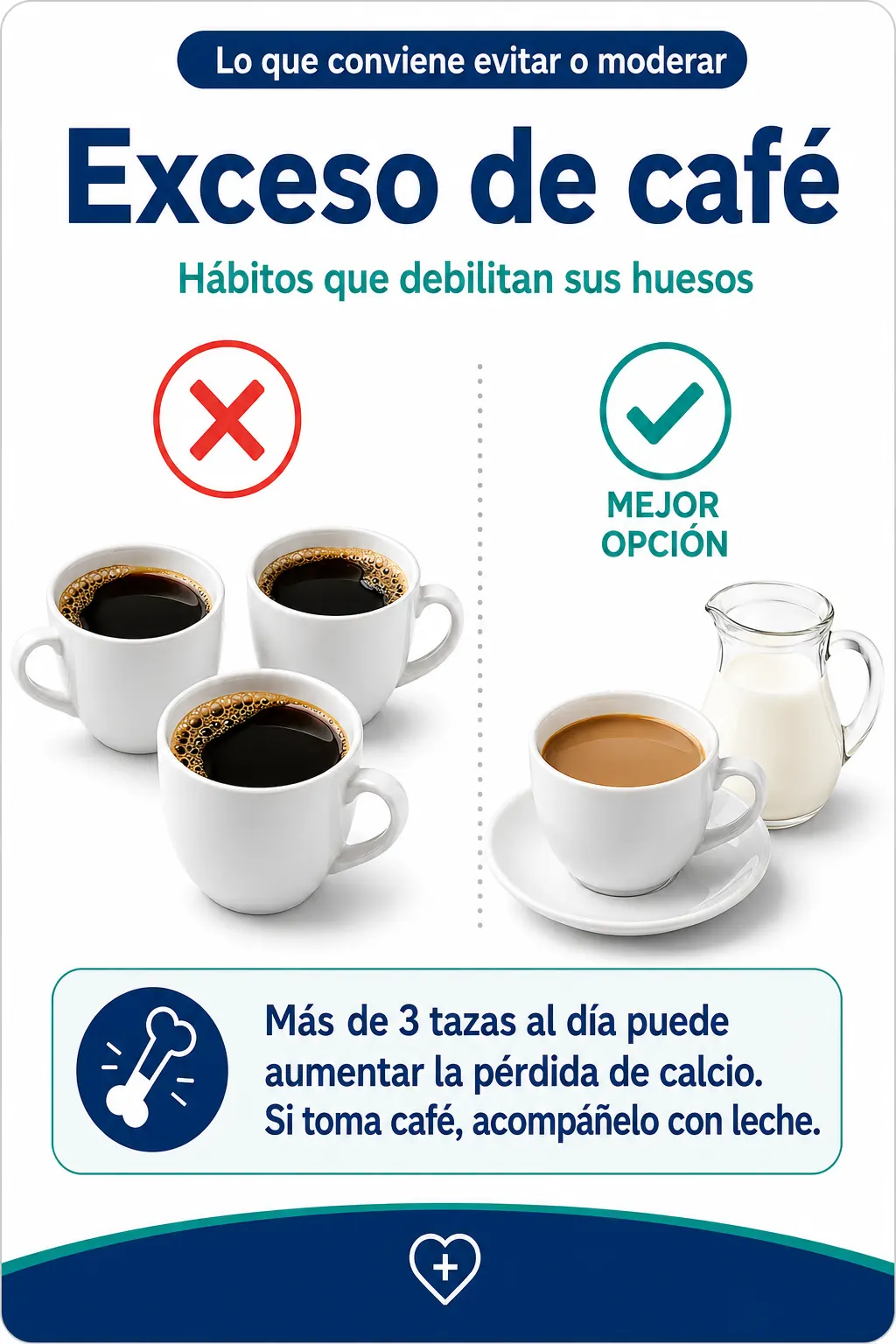 Material visual sobre exceso de café como hábito que conviene evitar o moderar para cuidar los huesos.
