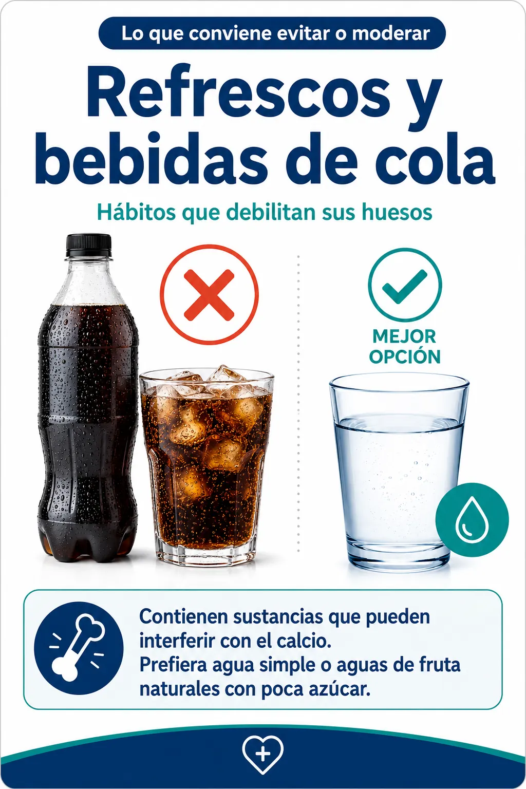 Material visual sobre refrescos y bebidas de cola como hábito que conviene evitar o moderar para cuidar los huesos.