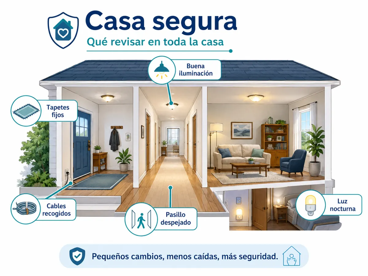 Diagrama de casa segura con recomendaciones generales para prevenir caídas en el hogar.
