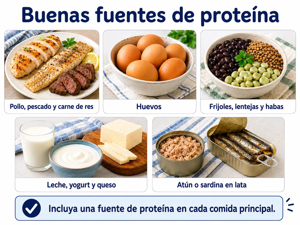 Material visual con buenas fuentes de proteína: pollo, pescado, carne de res, huevos, frijoles, lentejas, habas, leche, yogurt, queso, atún y sardina en lata.