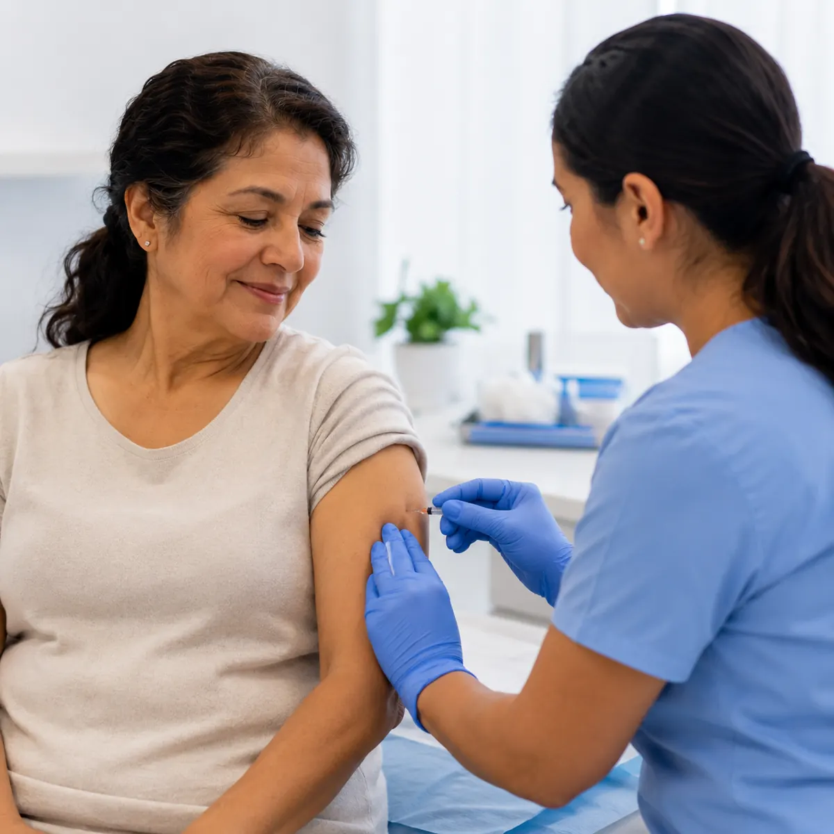 Enfermera aplicando una inyección subcutánea de denosumab en el brazo a una paciente.