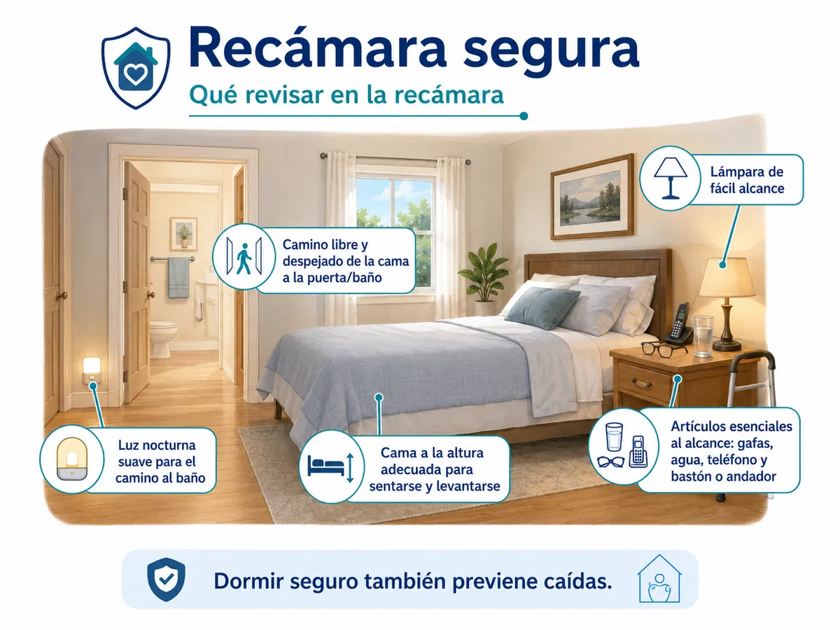 Recámara segura con luz nocturna, cama accesible y camino despejado hacia el baño.