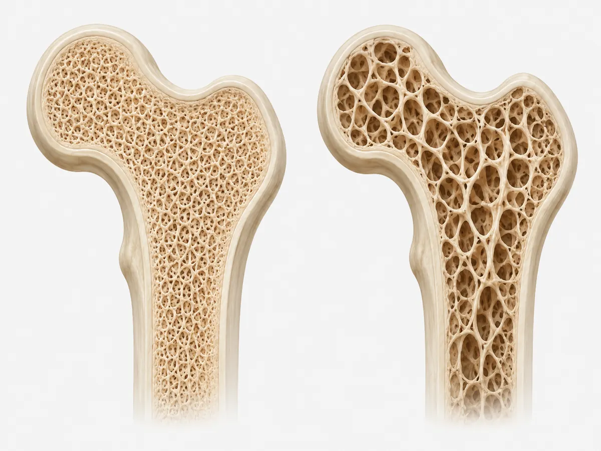 Comparación entre un hueso sano, denso y compacto, y un hueso con osteoporosis, más poroso y frágil.