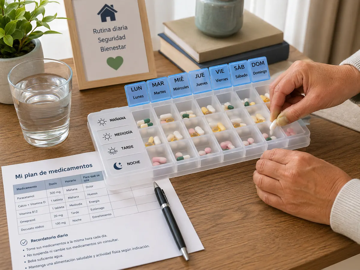 Pastillero semanal organizado junto a un plan de medicamentos.