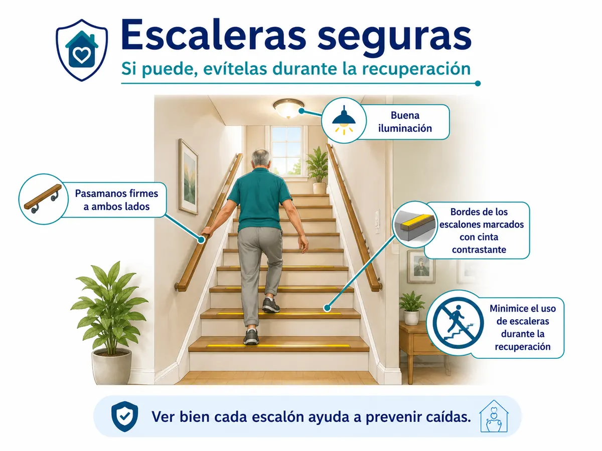 Escaleras seguras con pasamanos a ambos lados, buena luz y bordes marcados.