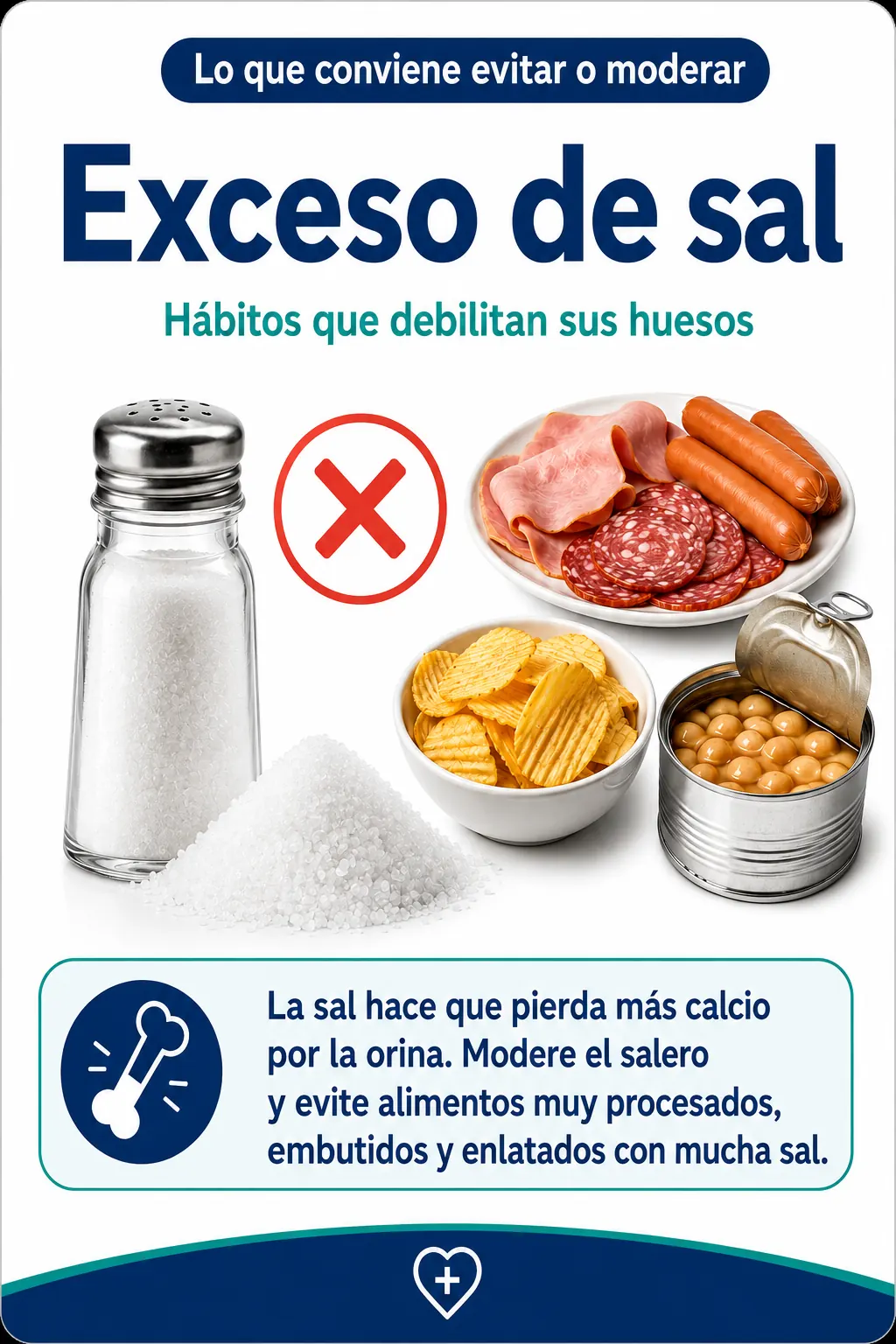 Material visual sobre exceso de sal como hábito que conviene evitar o moderar para cuidar los huesos.