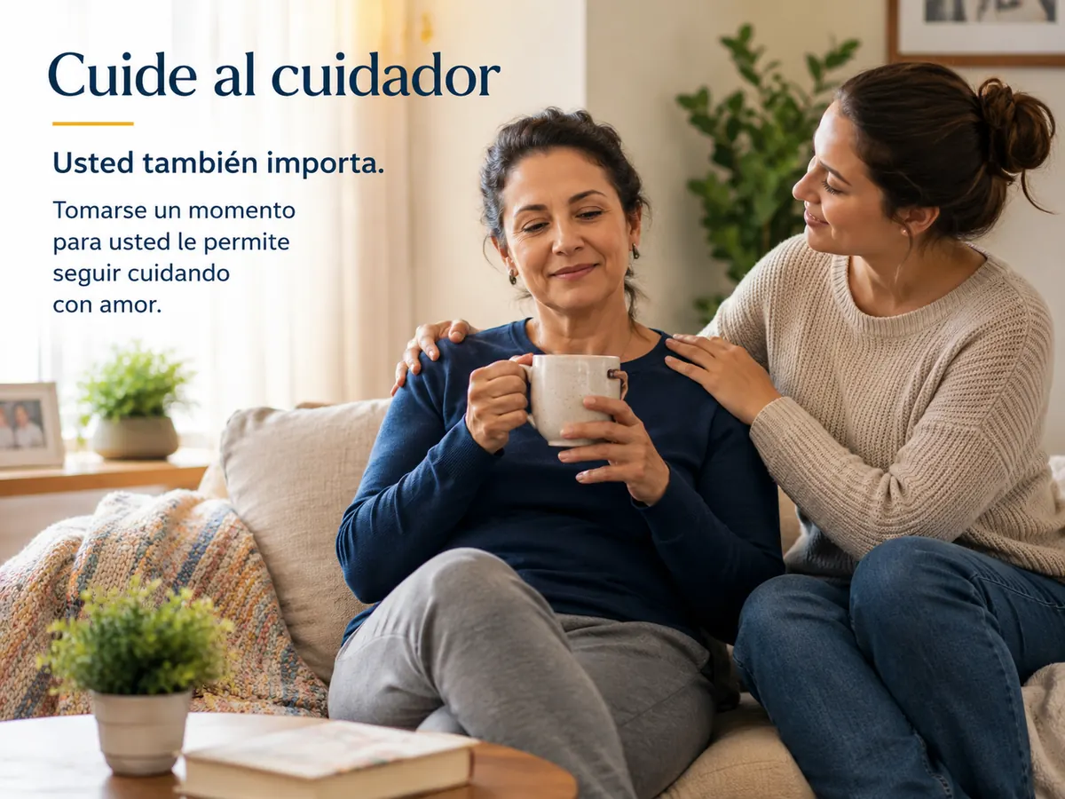 Cuidadora descansando y recibiendo apoyo de otro familiar en casa.