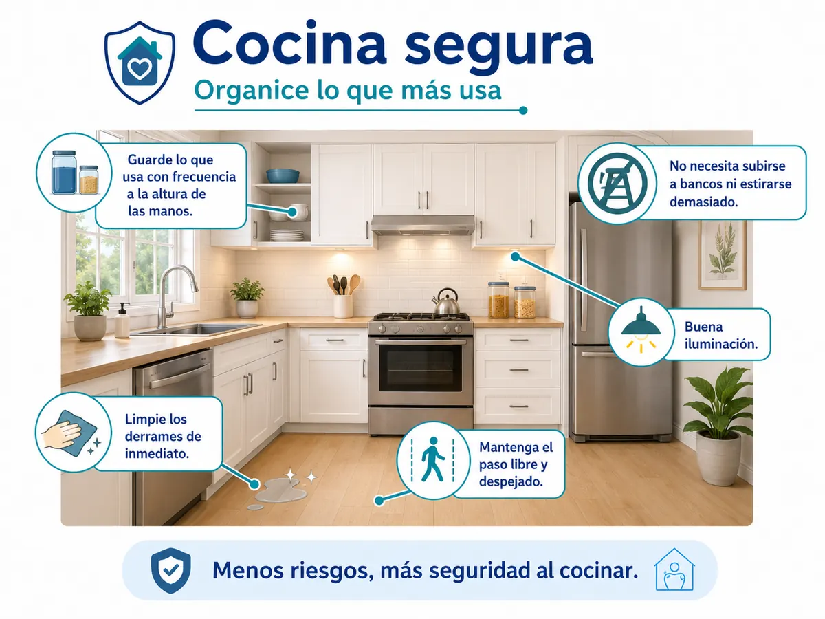 Cocina segura con objetos al alcance, buena iluminación y piso libre de derrames.