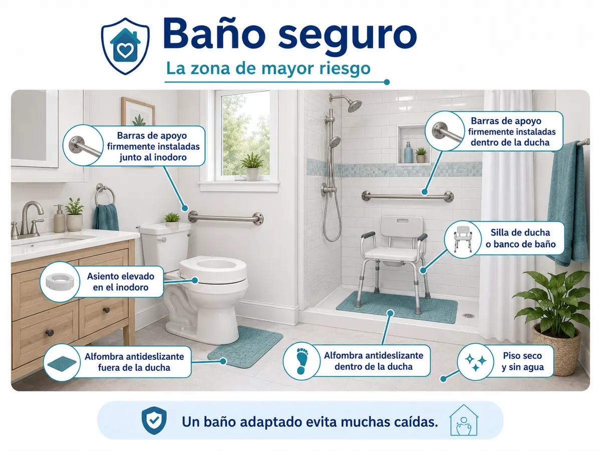 Baño seguro con barras de apoyo, silla de ducha, asiento elevado y alfombra antiderrapante.