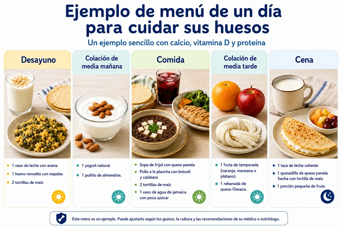 Material visual con un ejemplo de menú de un día para cuidar los huesos con desayuno, colaciones, comida y cena.
