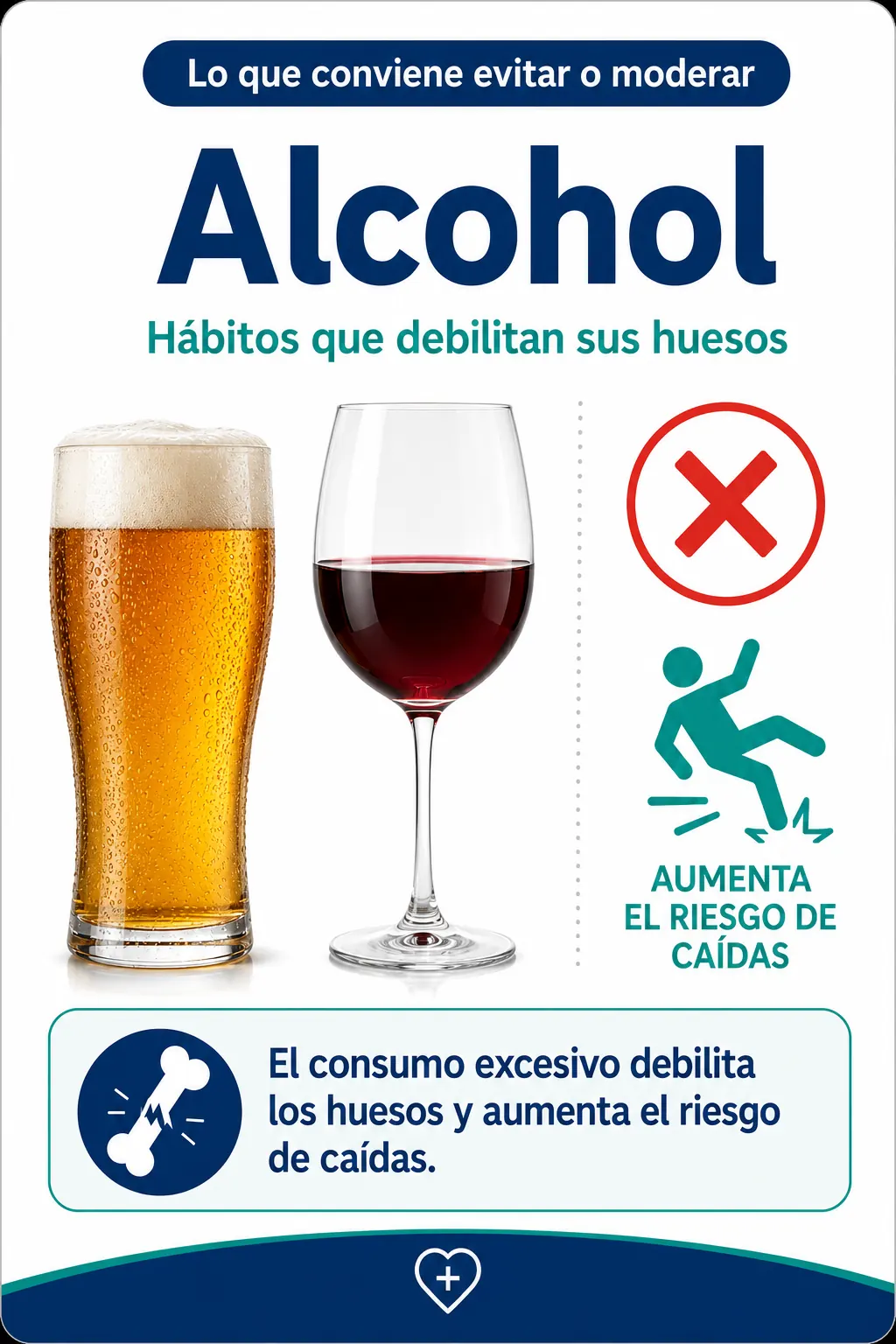 Material visual sobre alcohol como hábito que conviene evitar o moderar para cuidar los huesos.