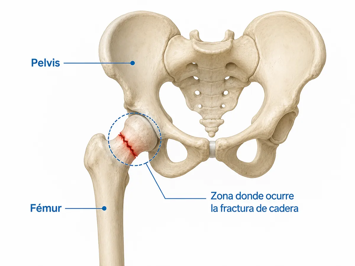 Diagrama de la cadera mostrando la pelvis, el fémur y la zona donde ocurre la fractura.