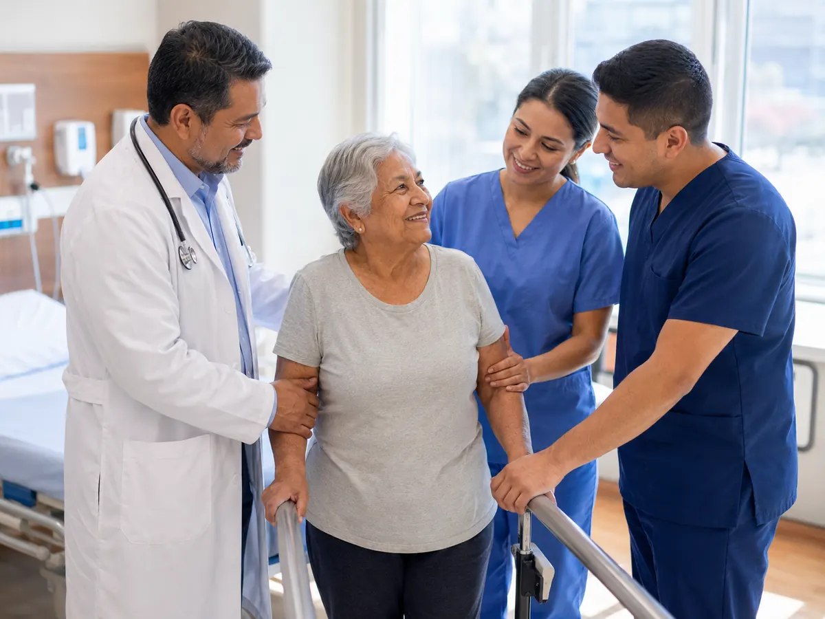 Equipo multidisciplinario de ortogeriatría acompañando a una paciente mayor con andador.