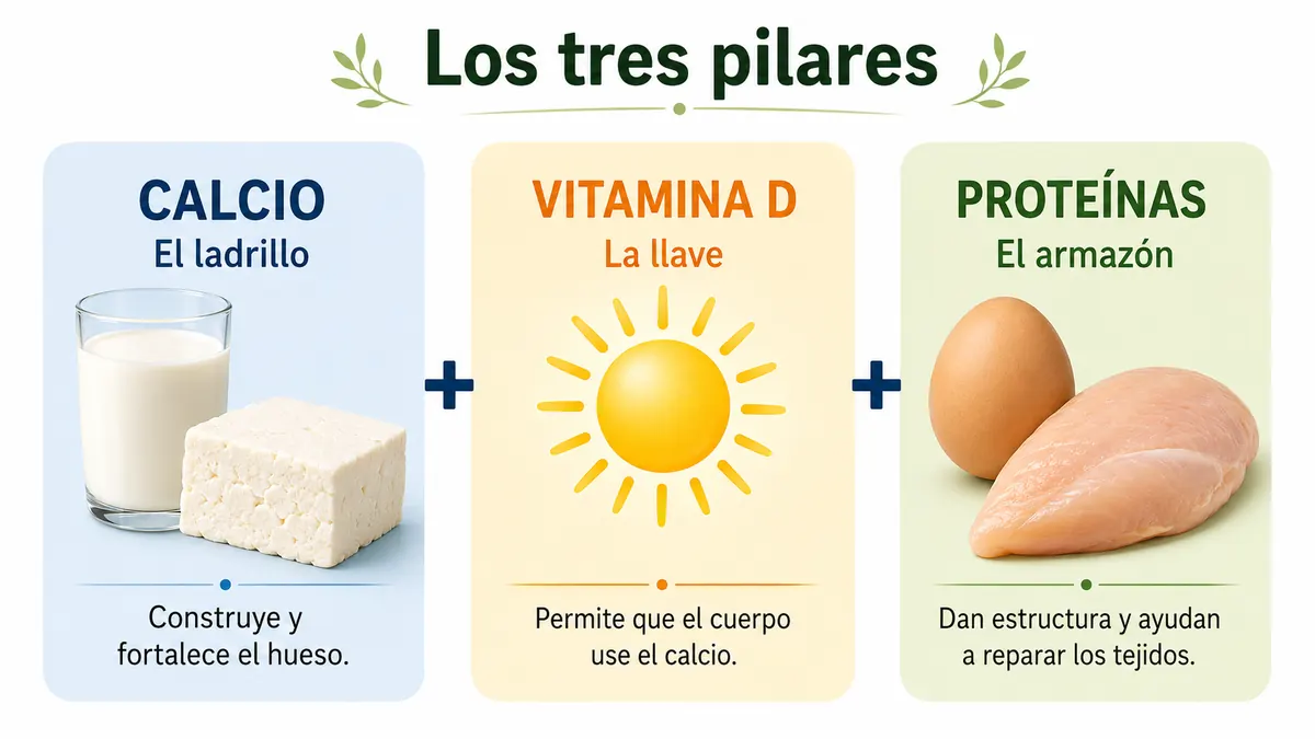 Diagrama de los tres pilares para cuidar los huesos: calcio, vitamina D y proteínas.
