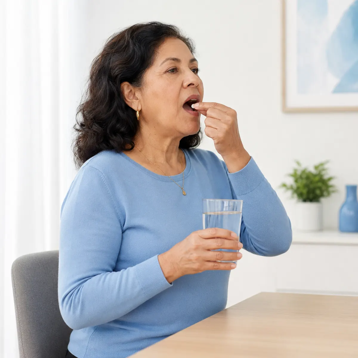 Mujer mayor tomando una pastilla con un vaso de agua, sentada y erguida.