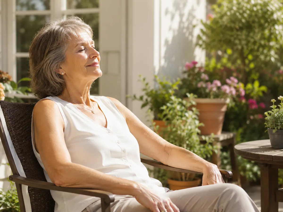 Persona mayor sentada tranquilamente al sol en un patio o jardín.