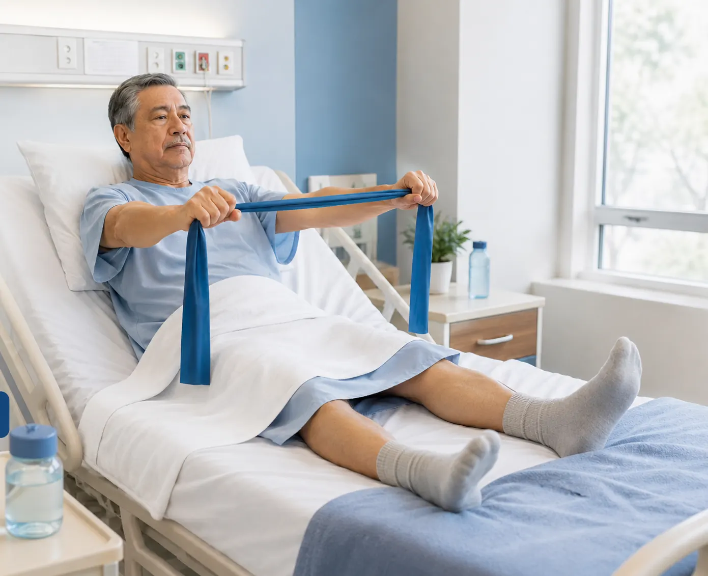 Paciente mayor realizando ejercicio con banda elástica en cama de hospital.