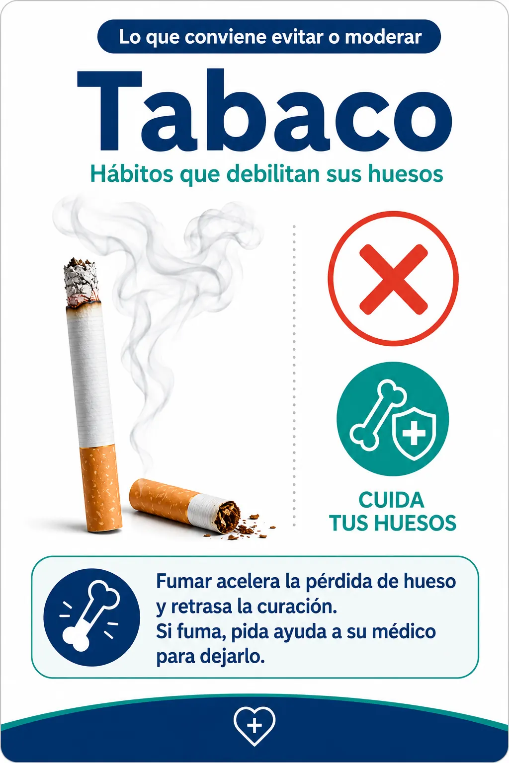 Material visual sobre tabaco como hábito que conviene evitar o moderar para cuidar los huesos.