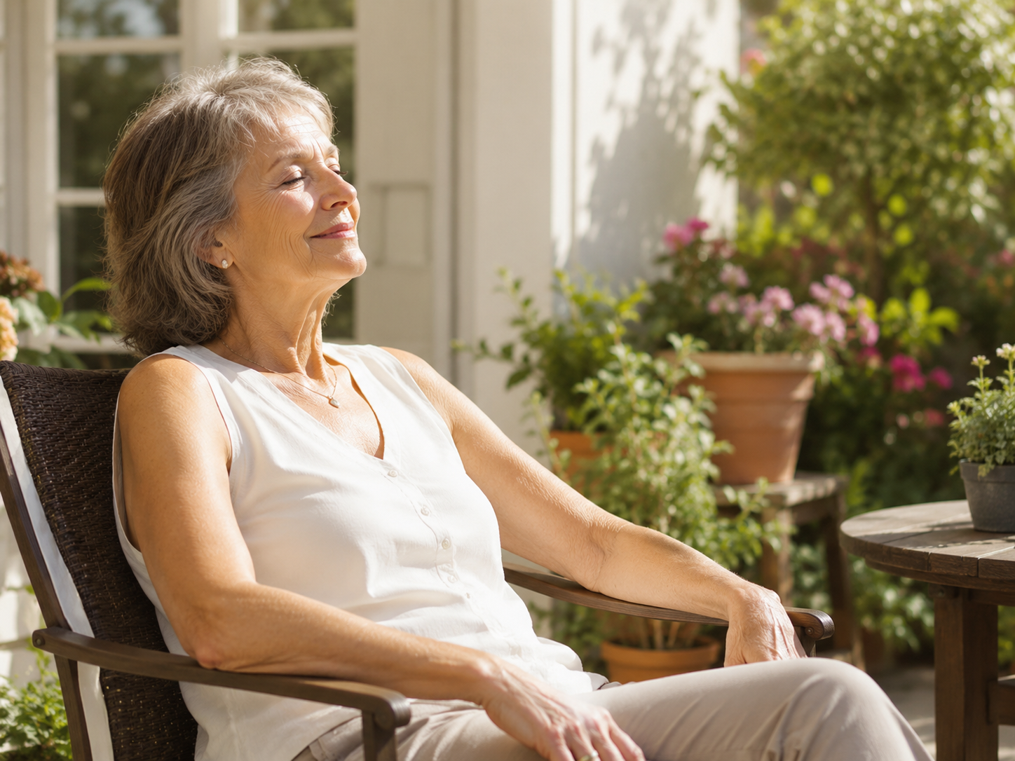 Persona mayor sentada tranquilamente al sol en un patio o jardín.