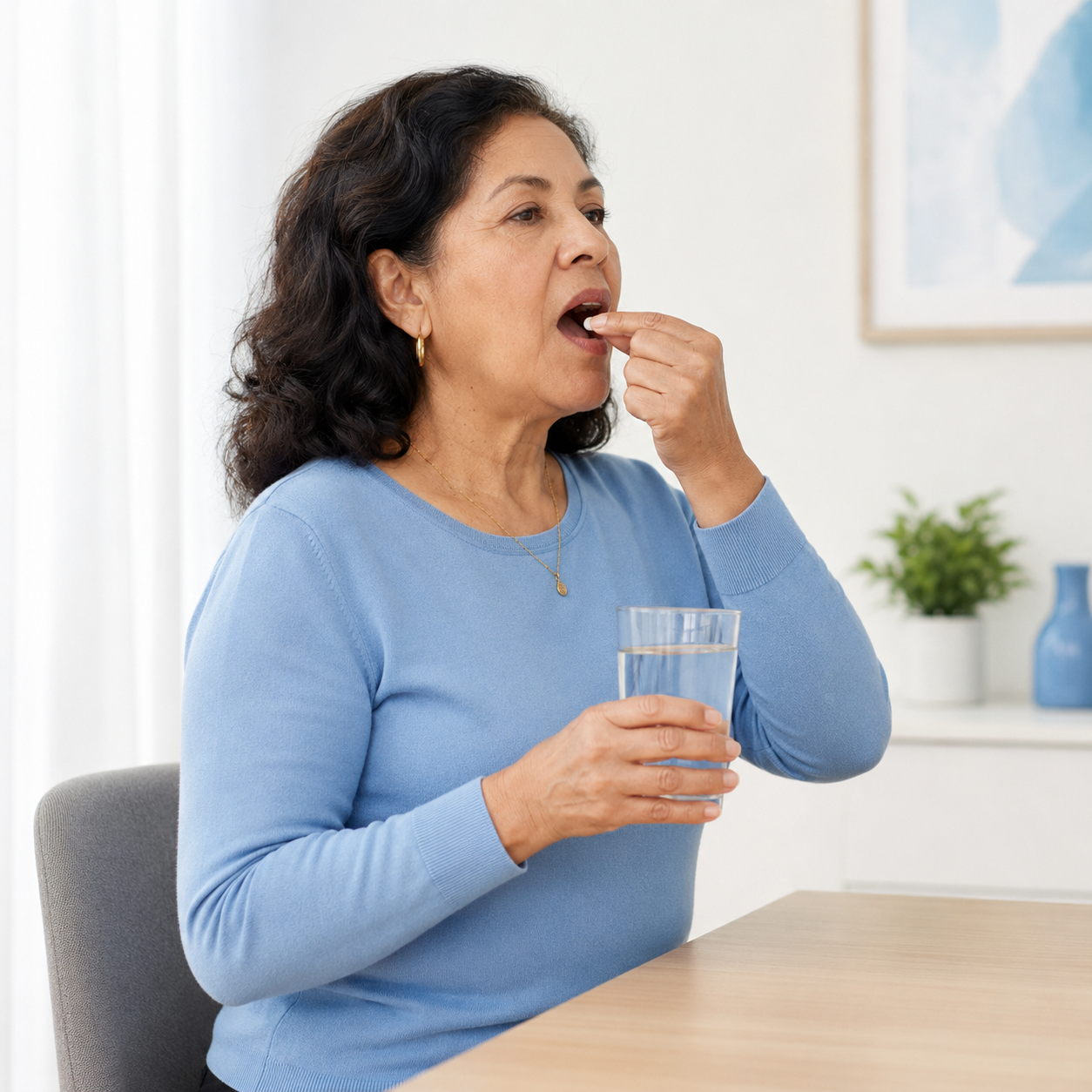 Mujer mayor tomando una pastilla con un vaso de agua, sentada y erguida.