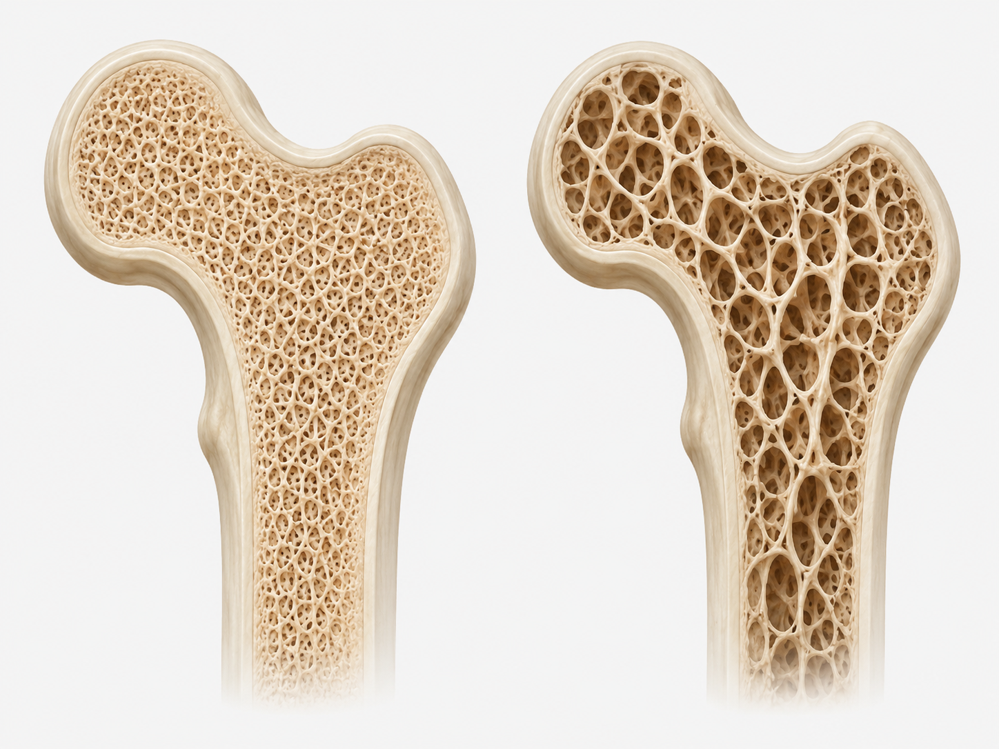 Comparación entre un hueso sano, denso y compacto, y un hueso con osteoporosis, más poroso y frágil.