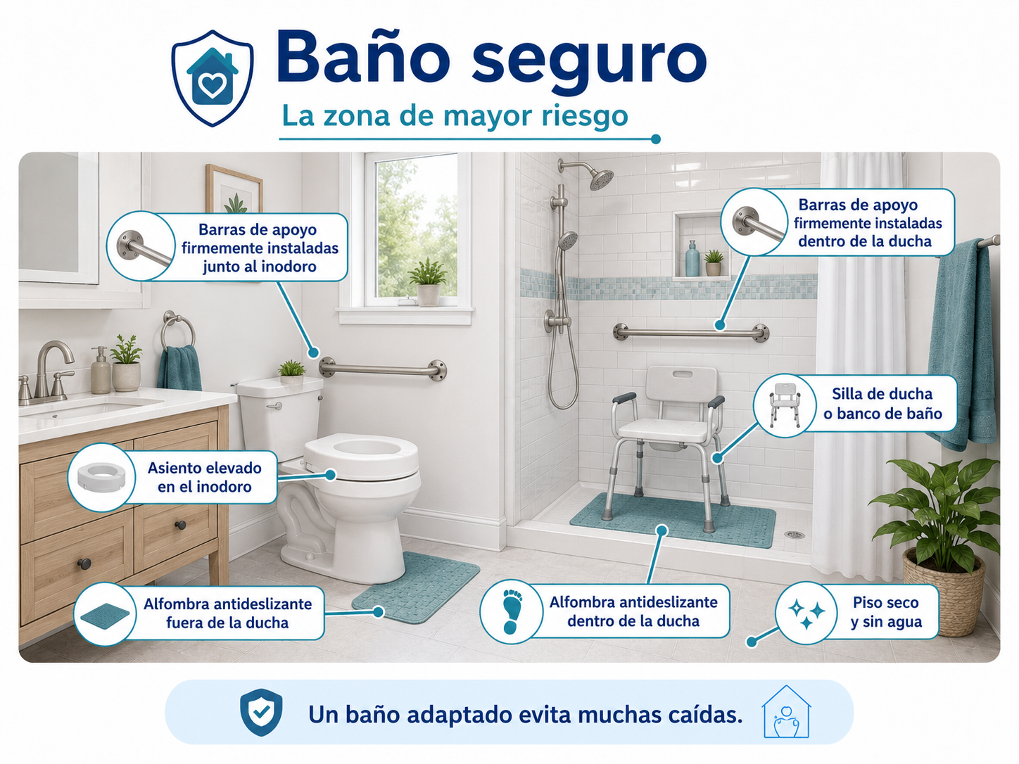 Baño seguro con barras de apoyo, silla de ducha, asiento elevado y alfombra antiderrapante.