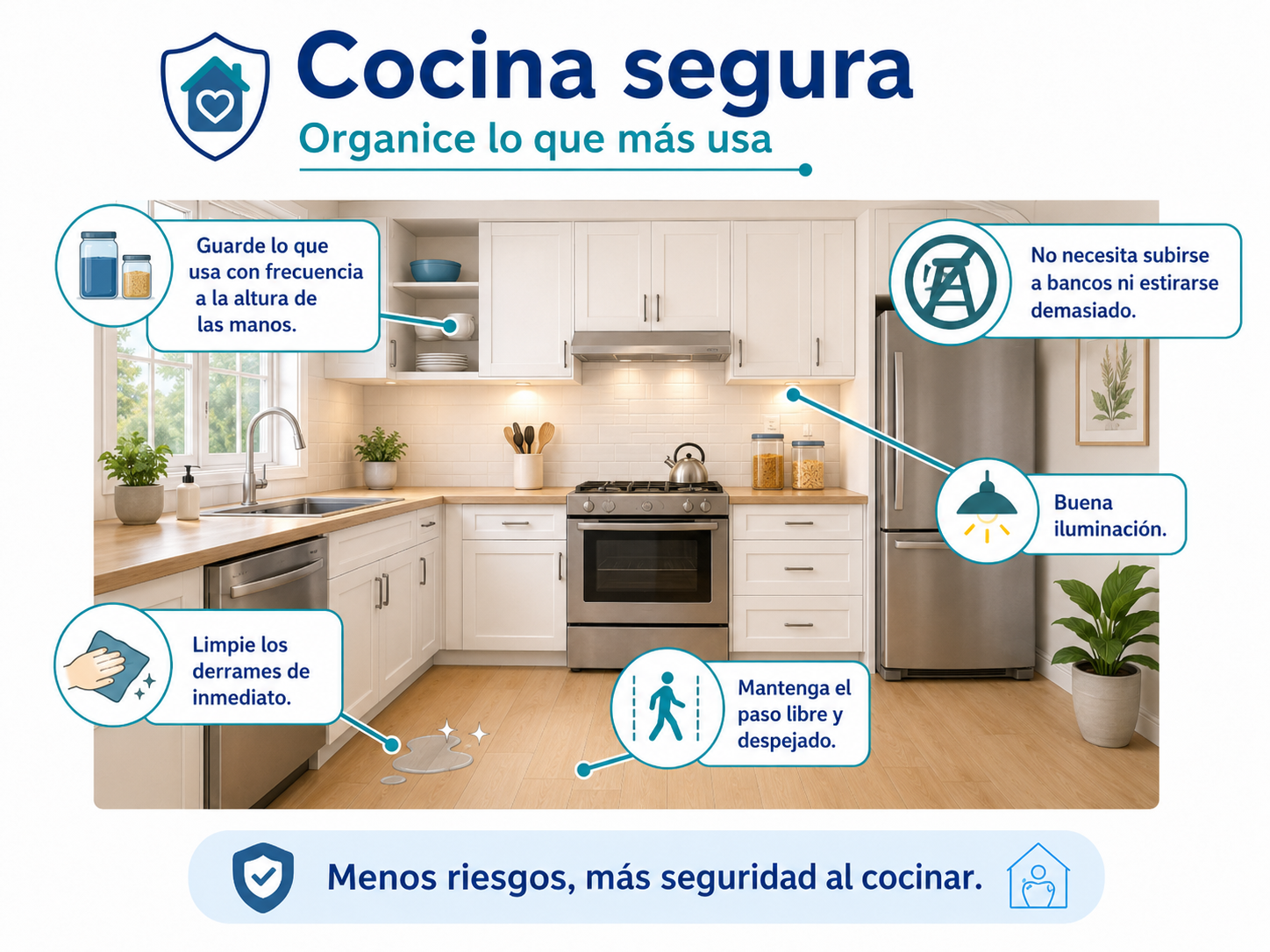 Cocina segura con objetos al alcance, buena iluminación y piso libre de derrames.