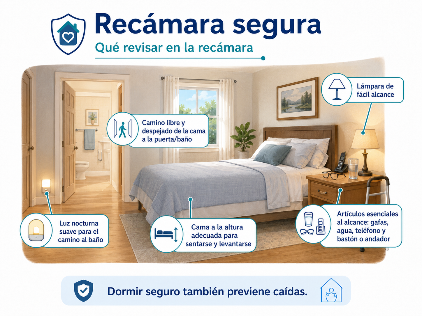 Recámara segura con luz nocturna, cama accesible y camino despejado hacia el baño.